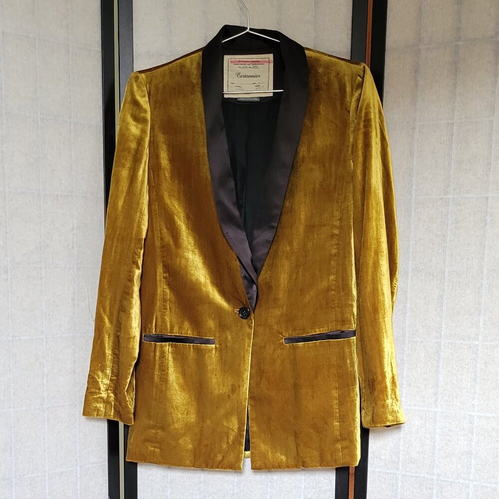 Anthropologie Cartonnier Velvet Blazer Jacket w/ Black Tuxedo Collar